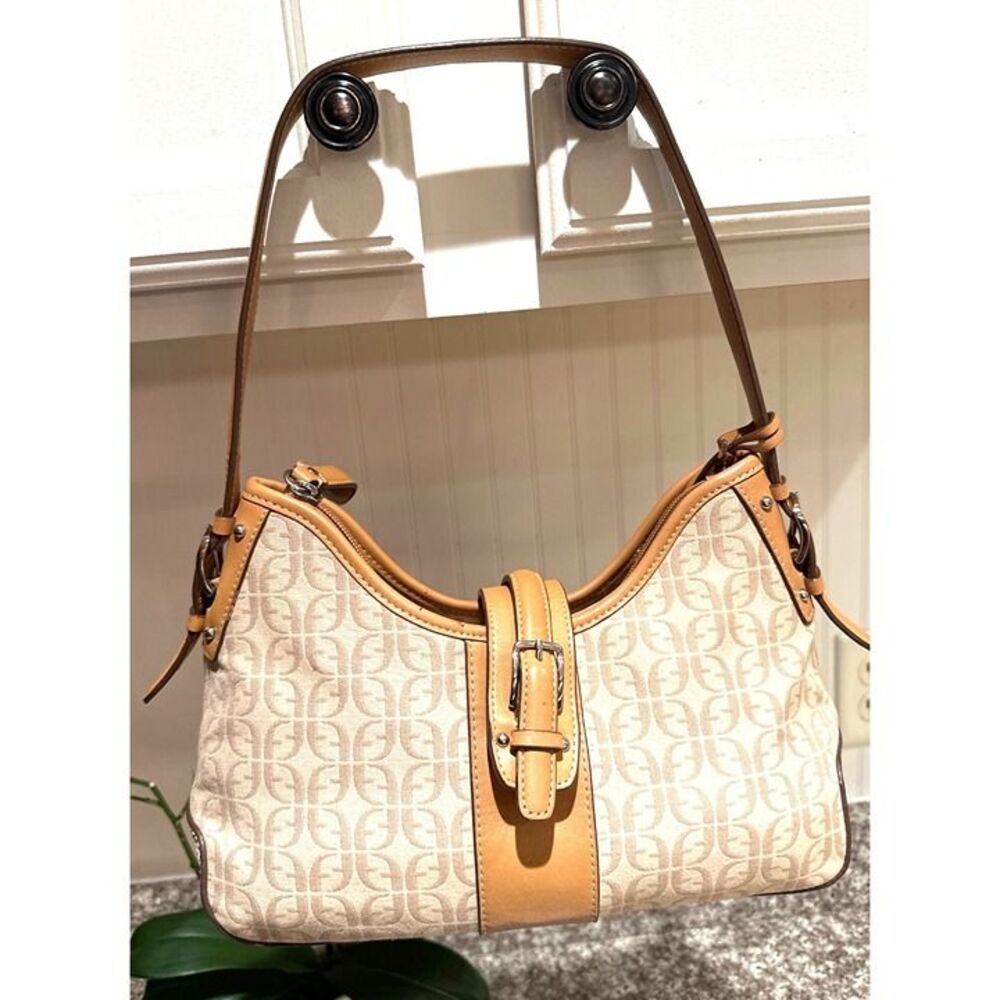 Fossil Beige Logo Canvas & Tan Leather Buckle Strap Shoulder Bag 12"x7"x3"
